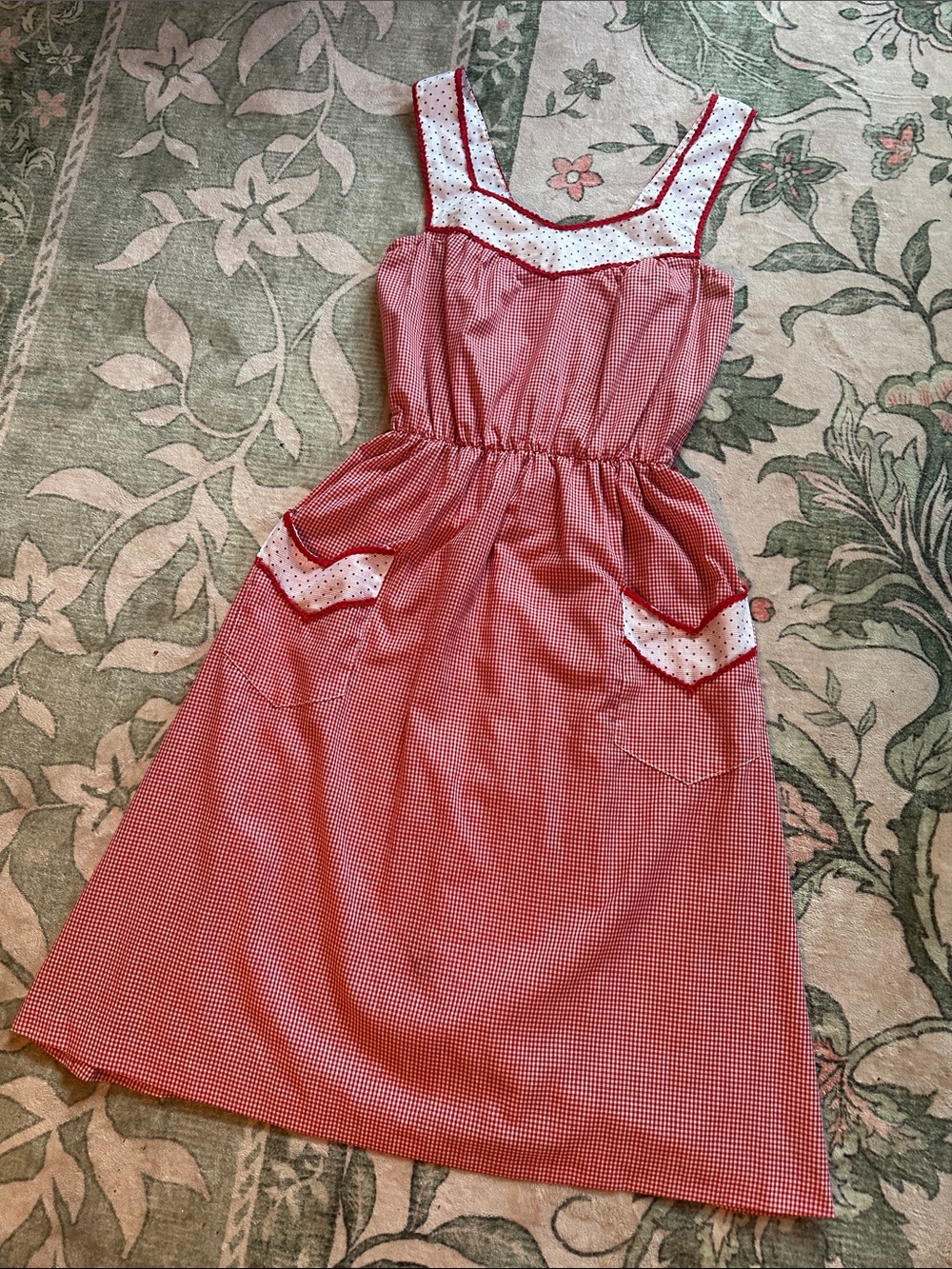 Vintage Red + White Gingham Sundress with Polka Dot Trim & Pockets Size M